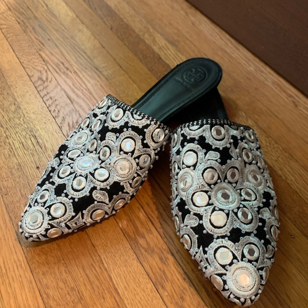 Tory Burch Elora Embroidered Mirrored Slides Size 8